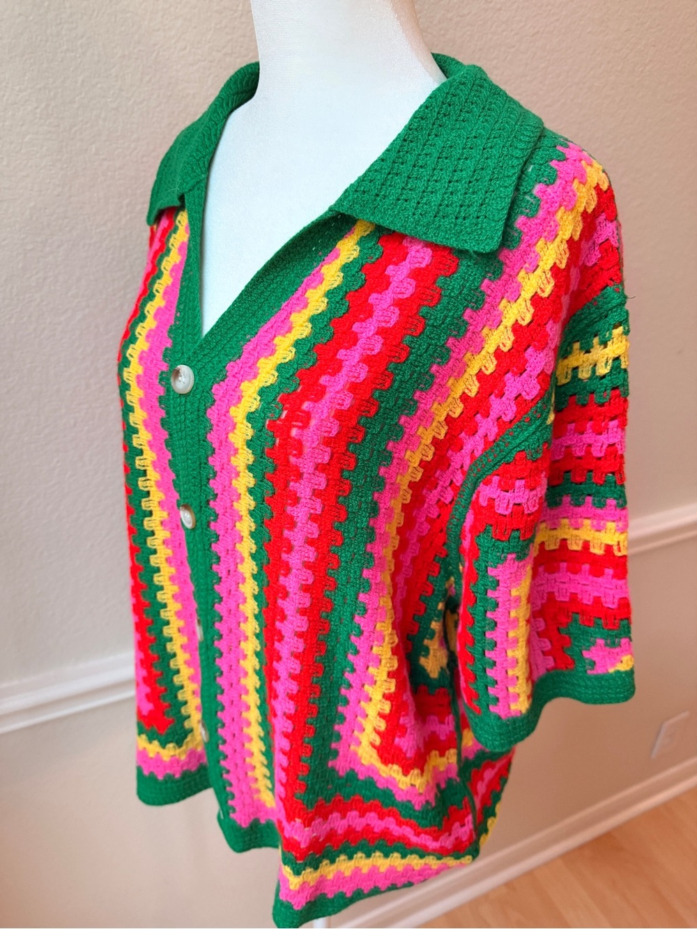 Rainbow Crochet Knit Button Front Collared Sweater Boho Festival Oversized S